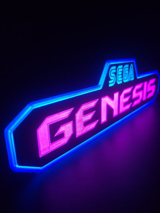 Sega genesis led light sign with illuminated logo viewed from side view