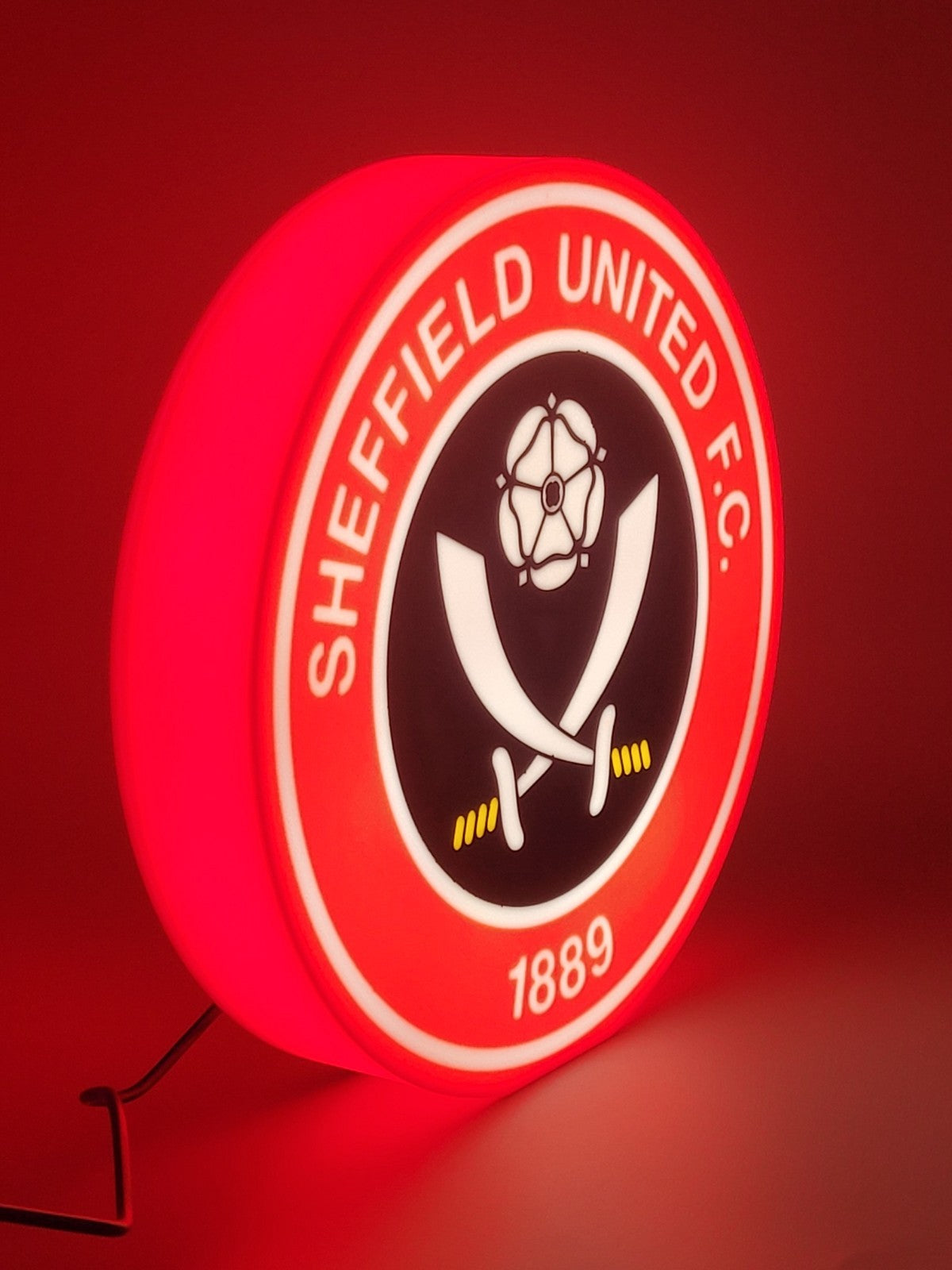 Sheffield F.C. LED light sign with illuminated logo viewed from side view