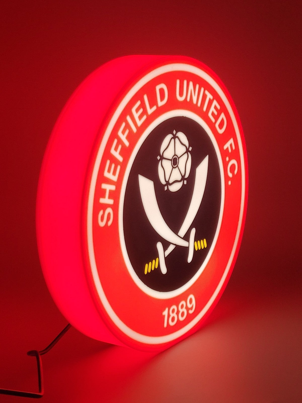 Sheffield F.C. LED light sign with illuminated logo viewed from side view