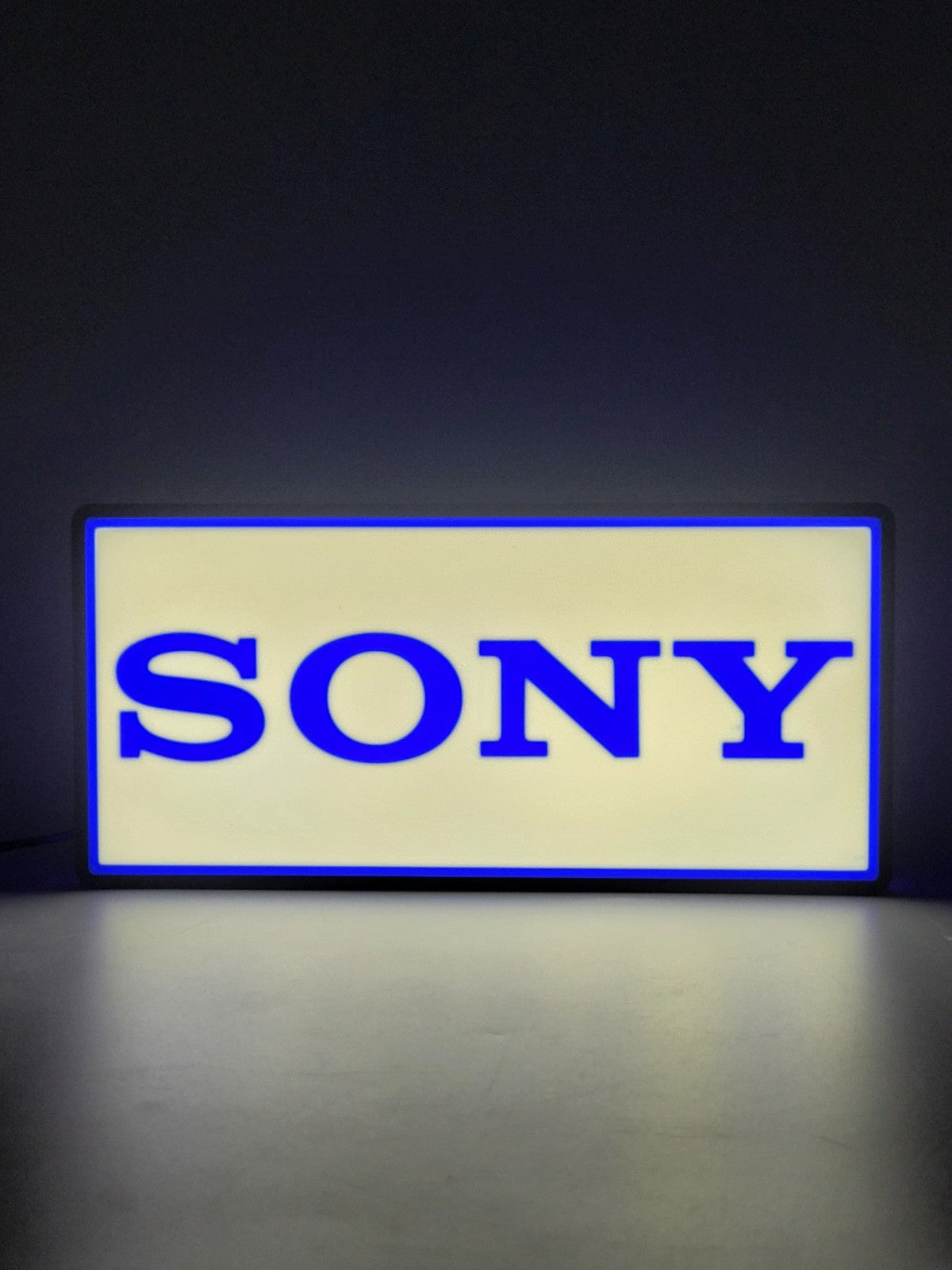 Sony led light sign with illuminated logo viewed from straight on