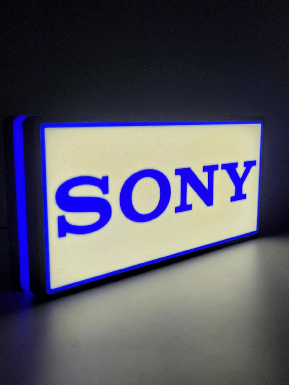 Sony led light sign with illuminated logo viewed from side view