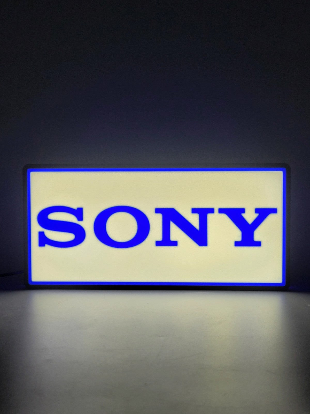 Sony led light sign with illuminated logo viewed from straight on