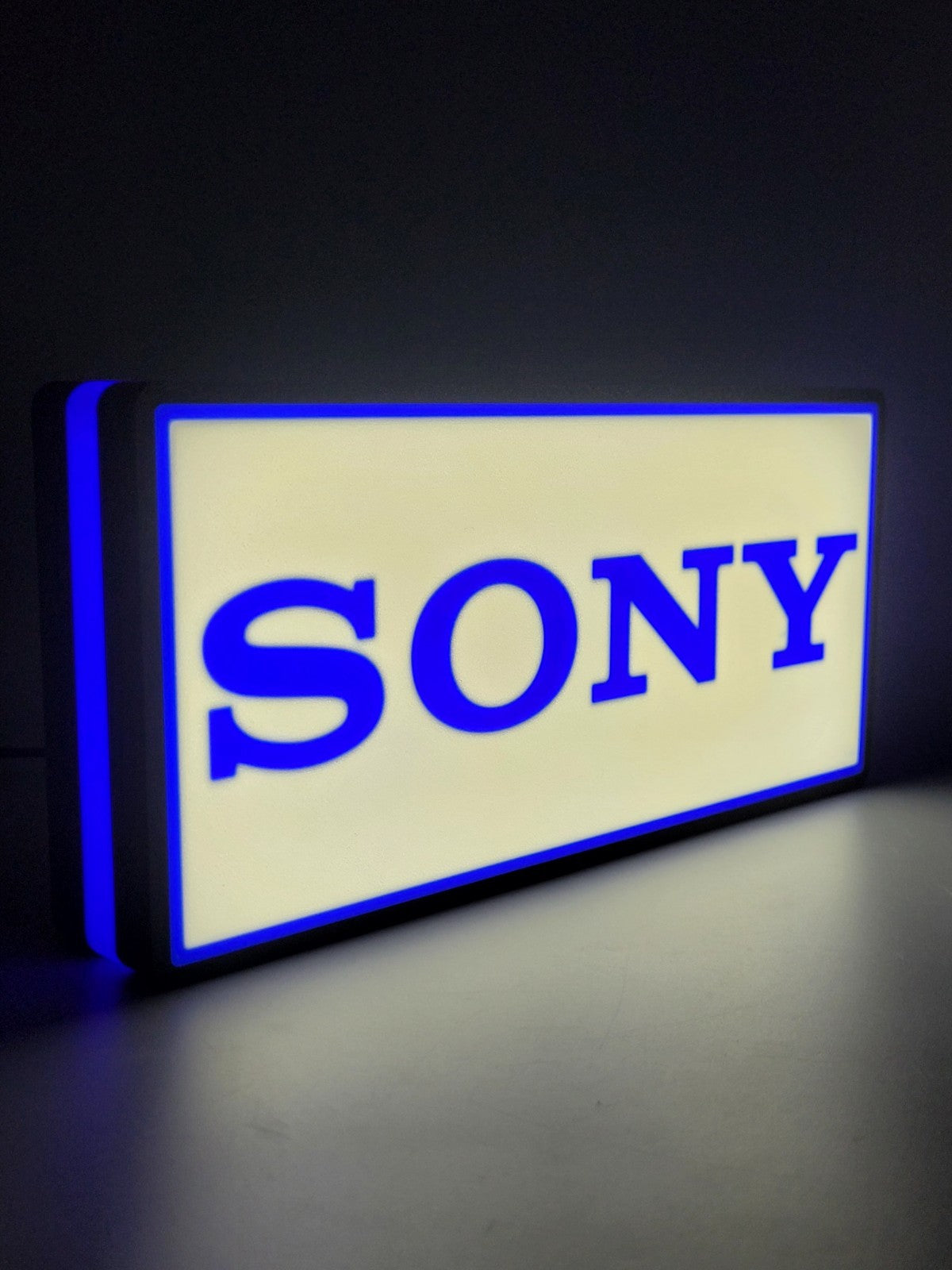 Sony led light sign with illuminated logo viewed from side view