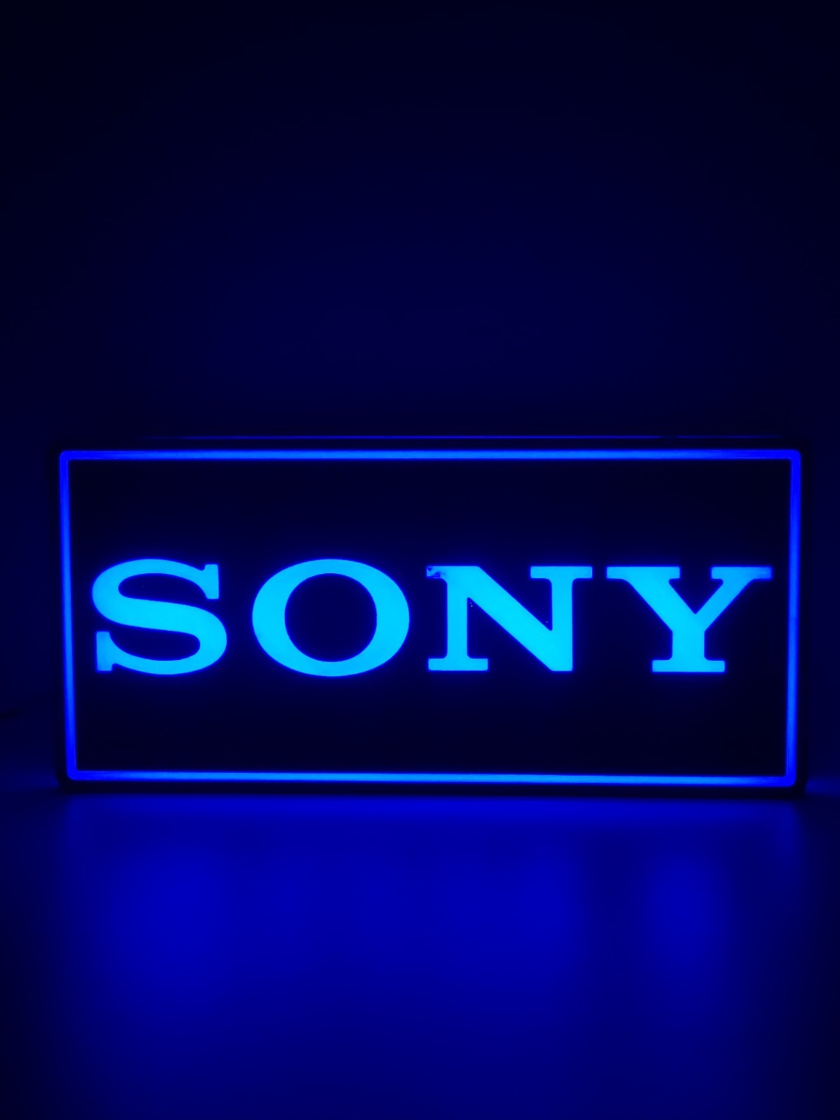 Sony led light sign with illuminated logo viewed from straight on