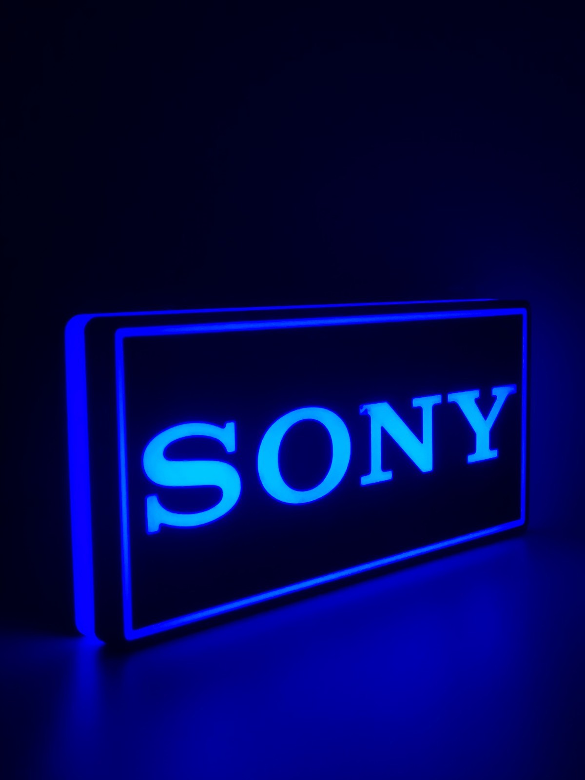 Sony led light sign with illuminated logo viewed from side view