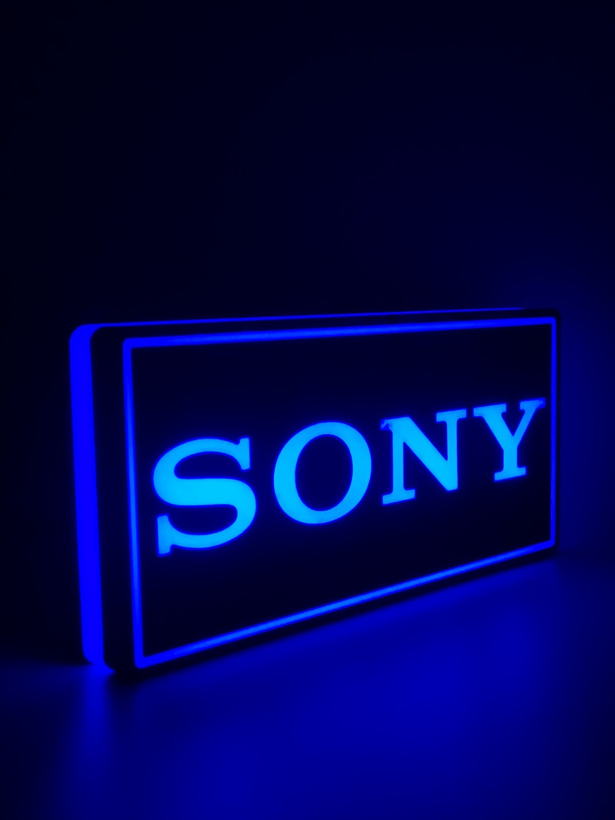 Sony led light sign with illuminated logo viewed from side view