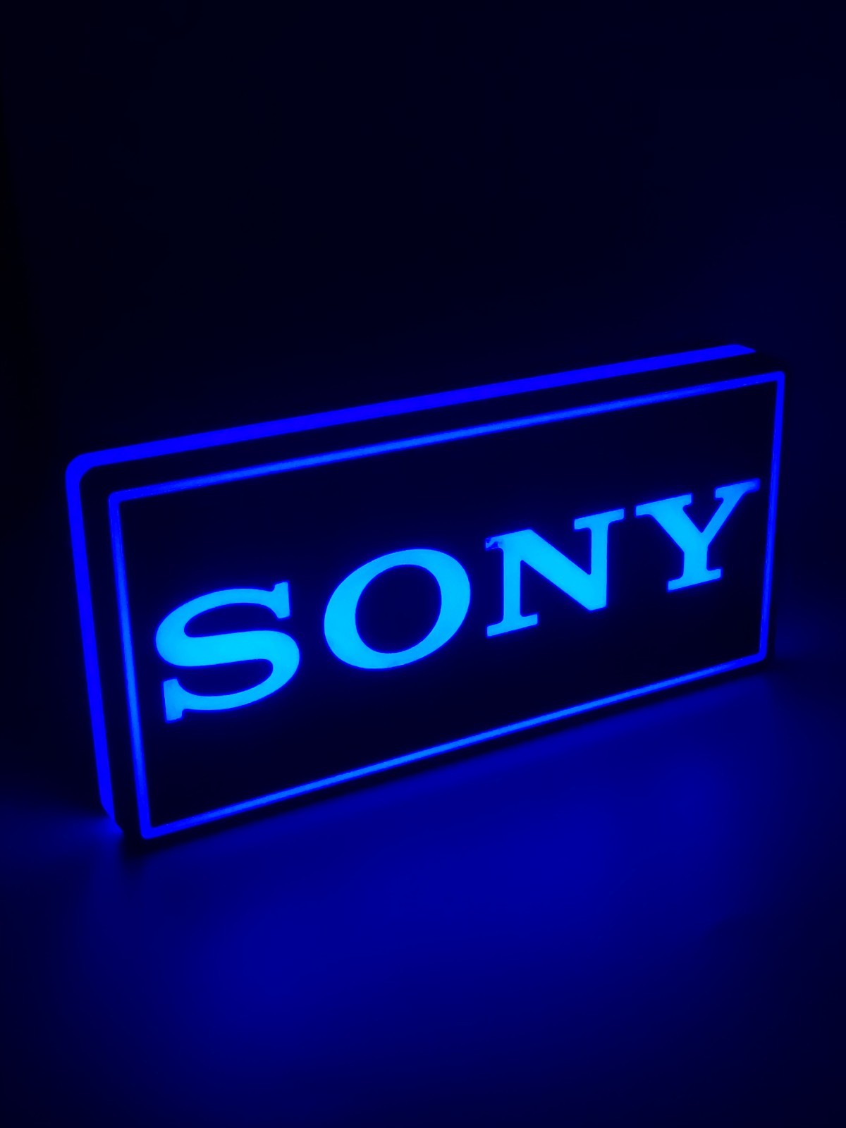 Sony led light sign with illuminated logo viewed from side view