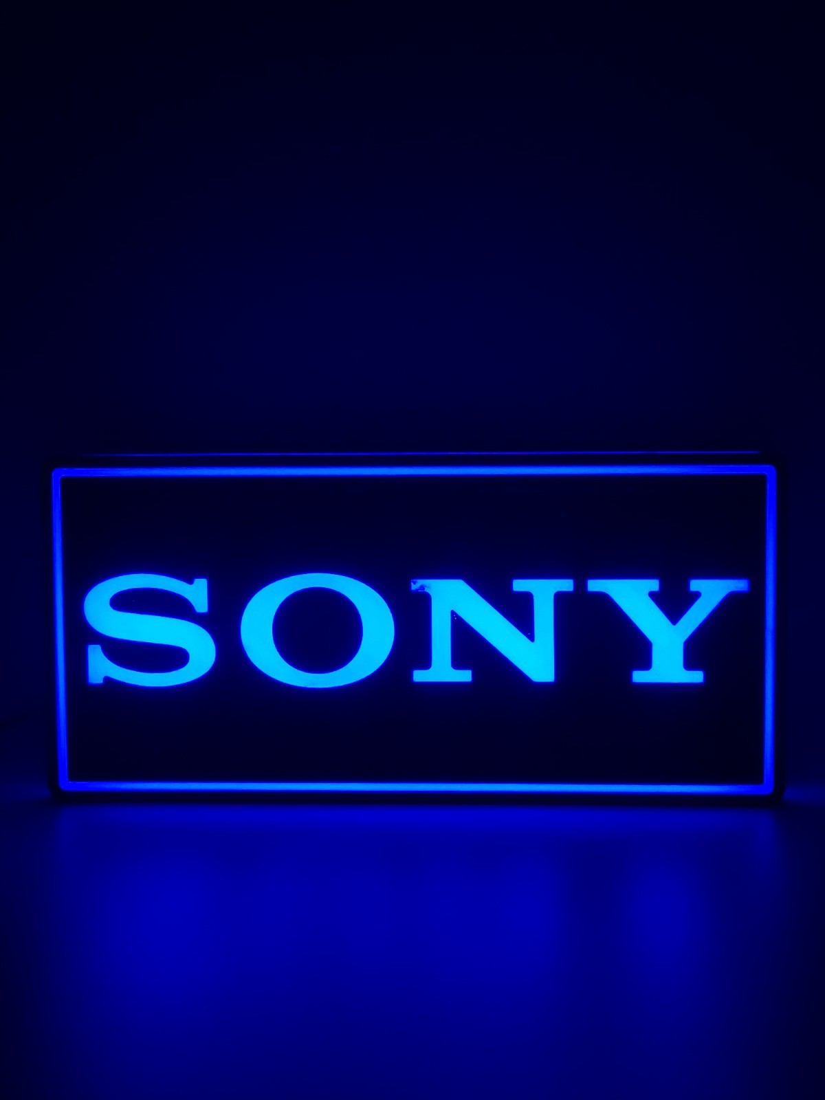 Sony led light sign with illuminated logo viewed from straight on