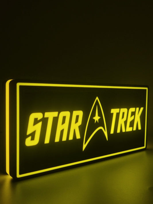 Star Trek led light sign with illuminated logo viewed from side view