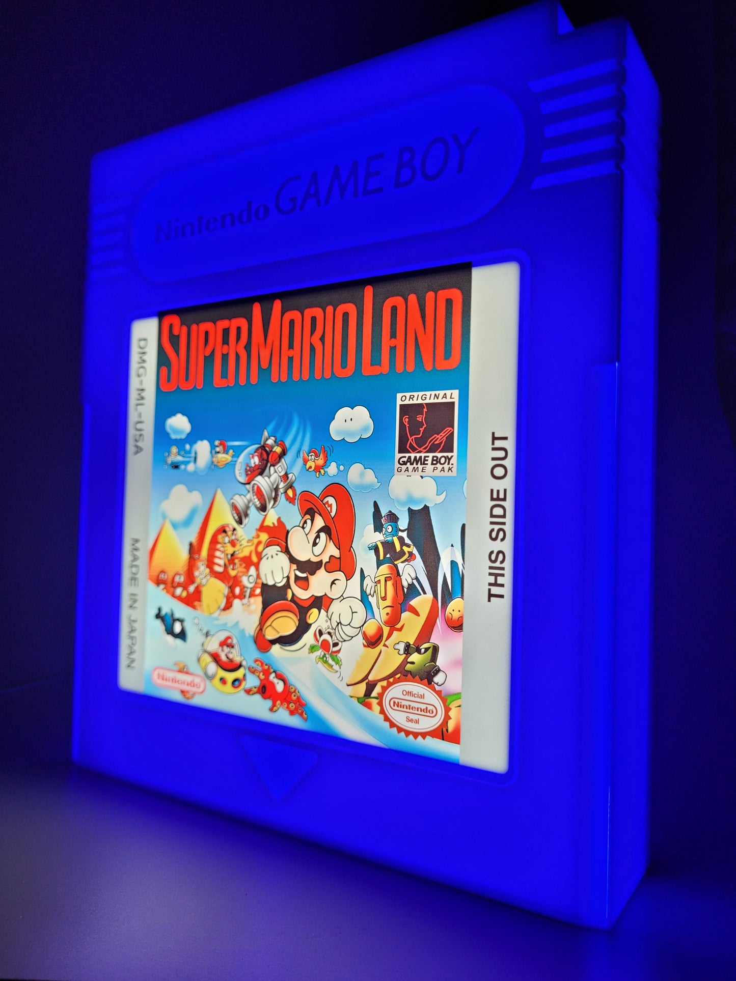 super mario land giant cartridge led light sign with illuminated logo viewed from side view