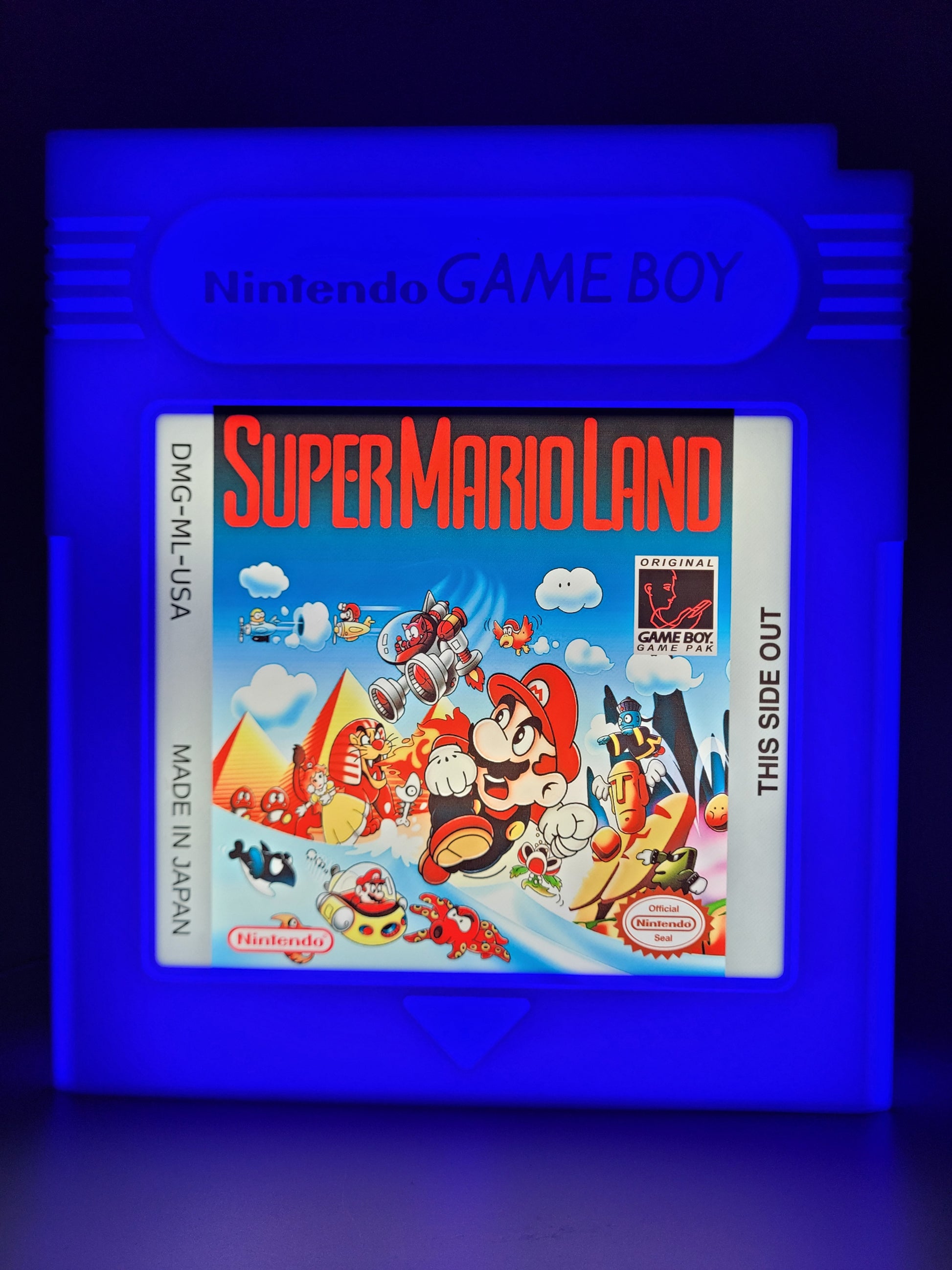 Super Mario Land GAMEBOY CARTRIDGE LED light sign with illuminated logo viewed from straight on