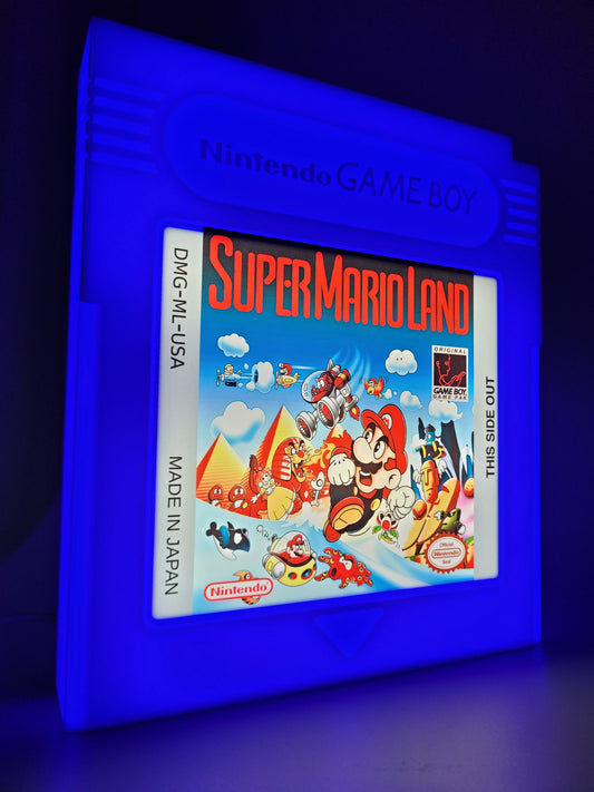 super mario land giant cartridge led light sign with illuminated logo viewed from side view
