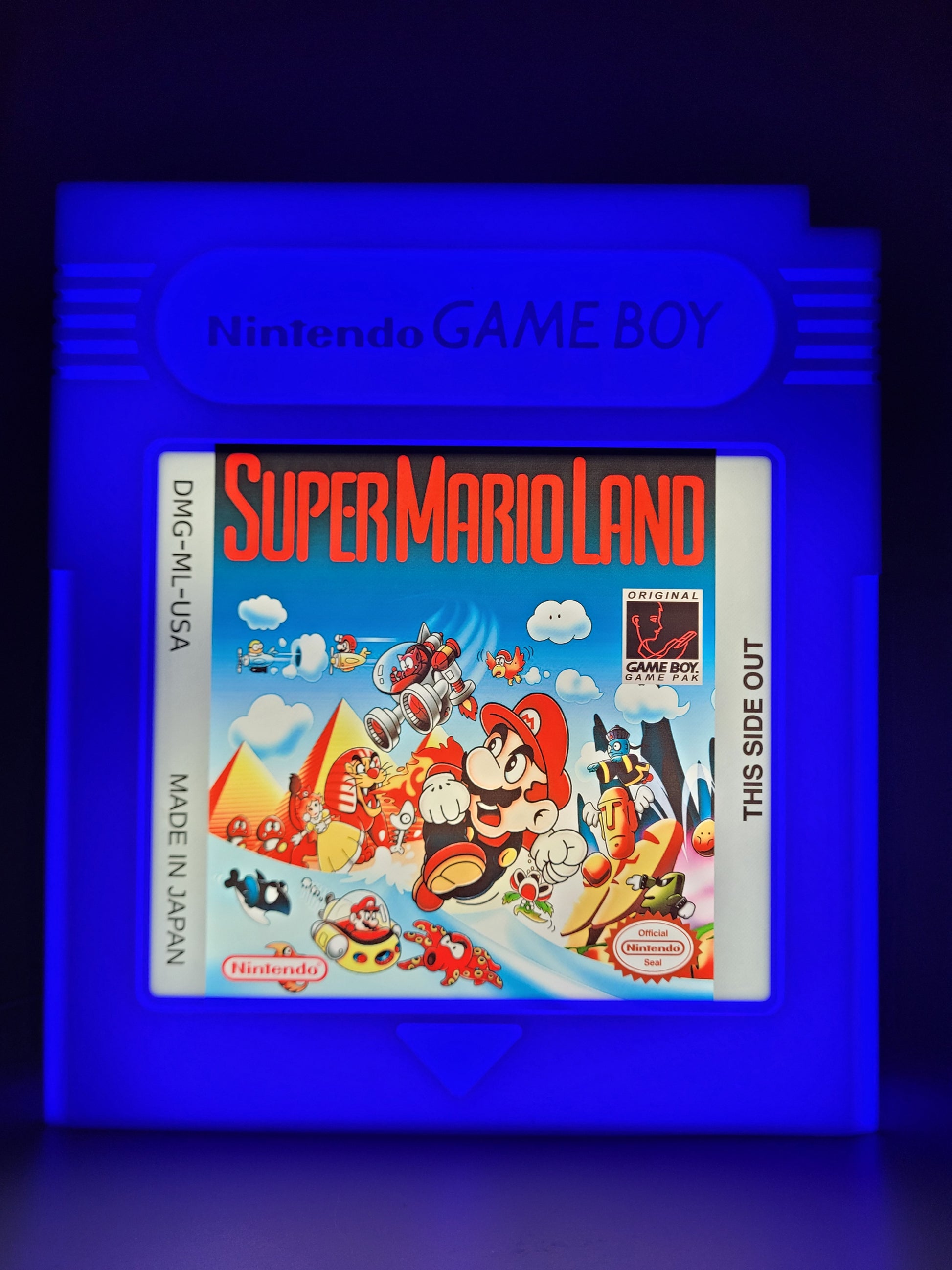 Super Mario Land GAMEBOY CARTRIDGE LED light sign with illuminated logo viewed from straight on