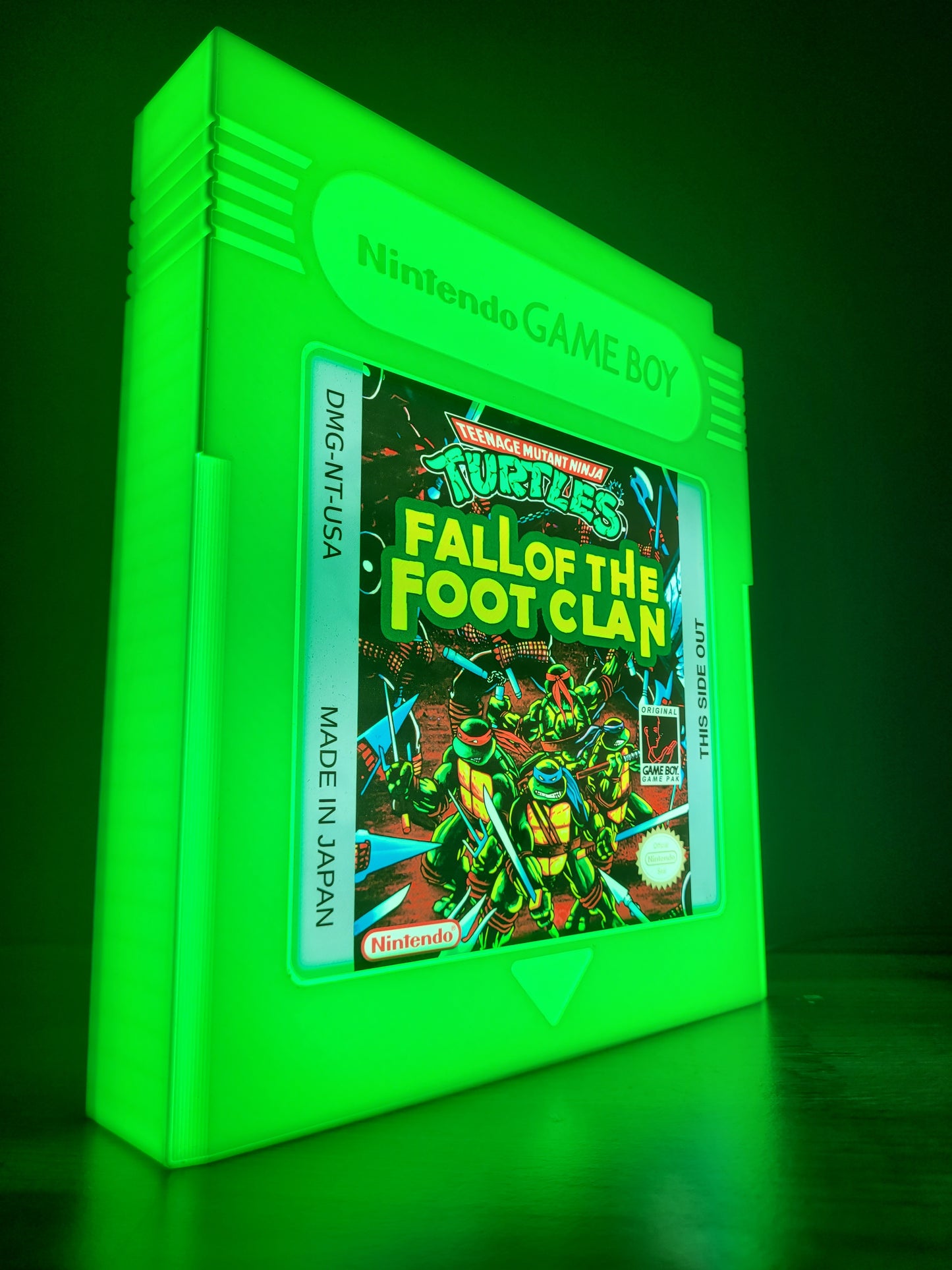 teenage mutant ninja turtle giant cartridge led light sign with illuminated logo viewed from side view