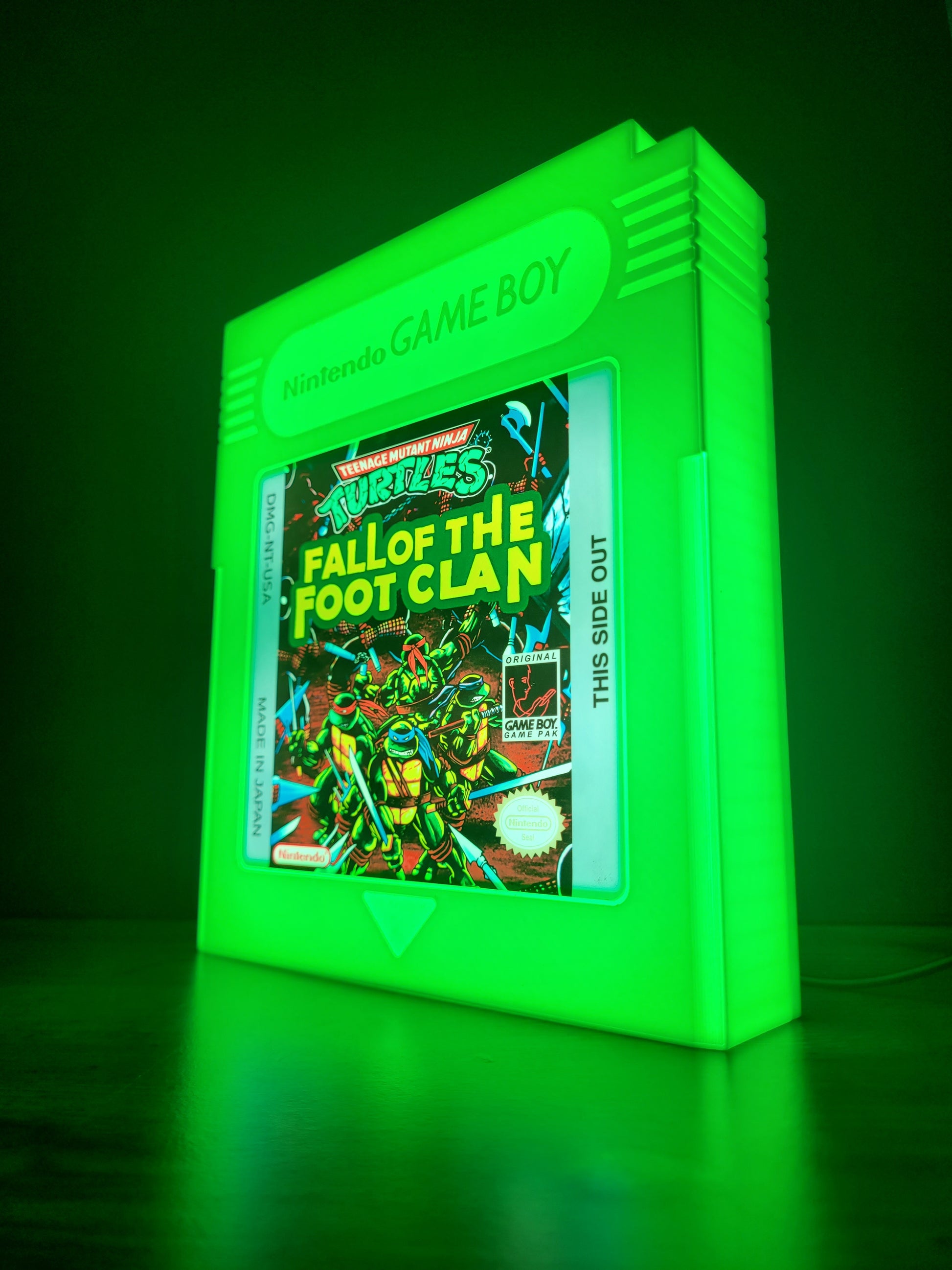 teenage mutant ninja turtle giant cartridge led light sign with illuminated logo viewed from side view