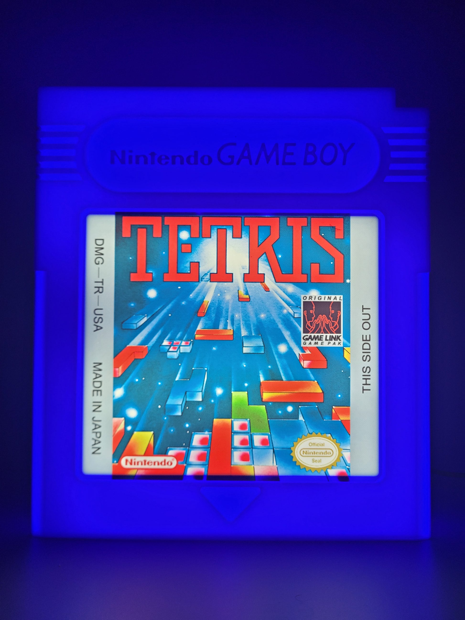 tetris giant cartridge led light sign with illuminated logo viewed straight on