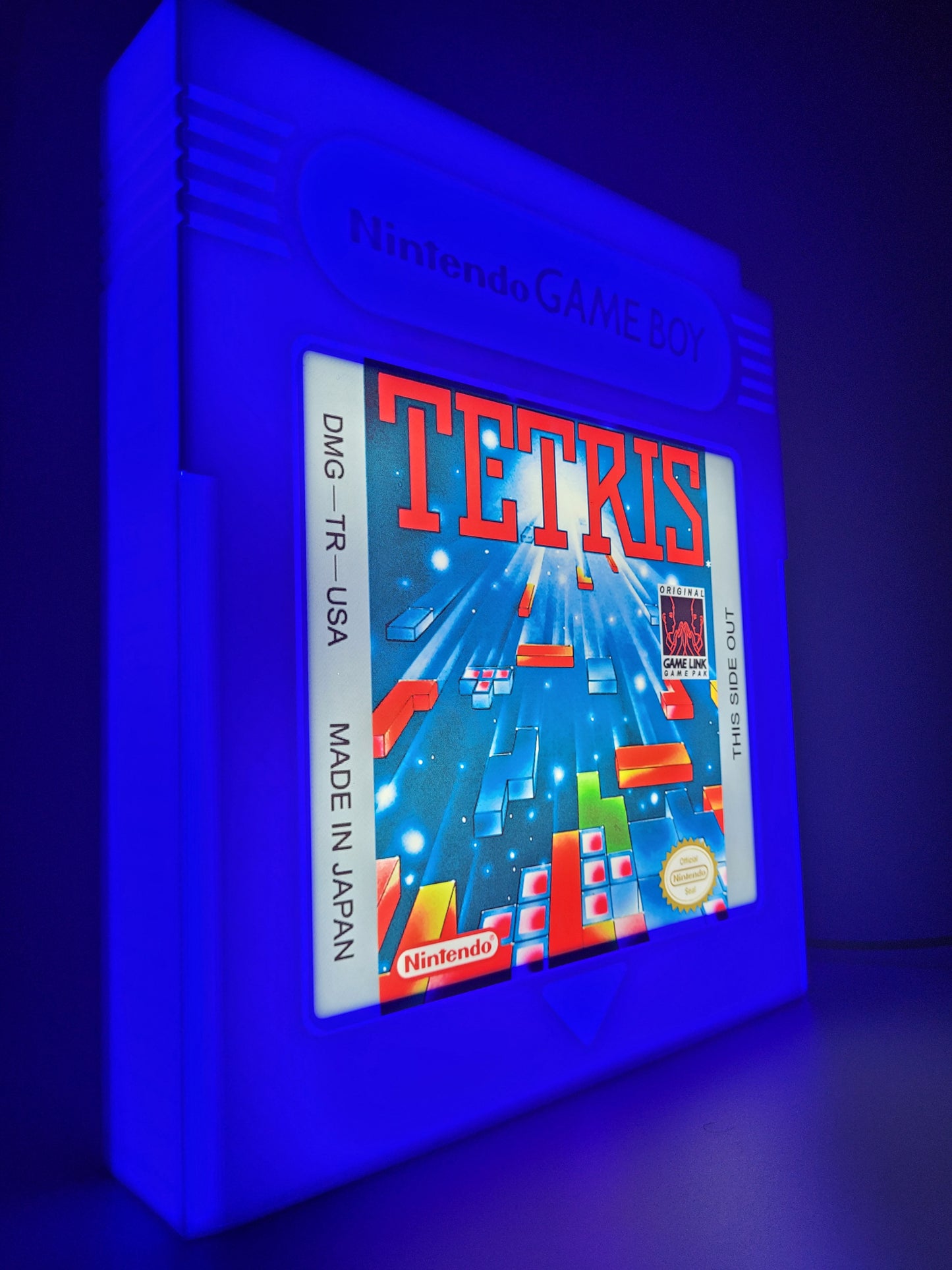 tetris giant cartridge led light sign with illuminated logo viewed from side 