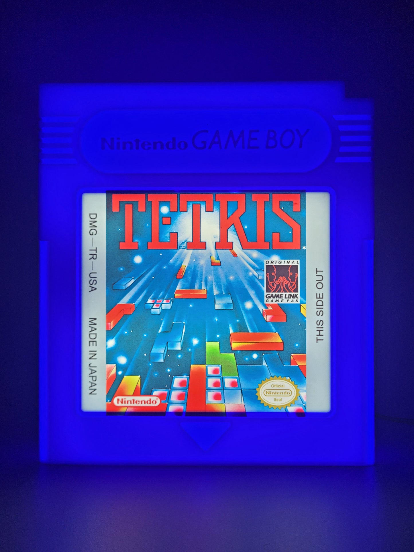 tetris giant cartridge led light sign with illuminated logo viewed straight on