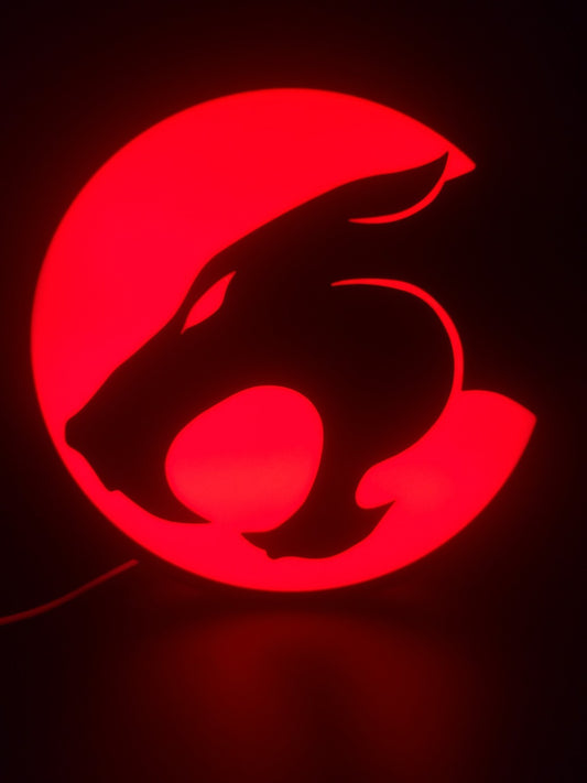 Thundercats LED light sign with illuminated logo viewed from straight on