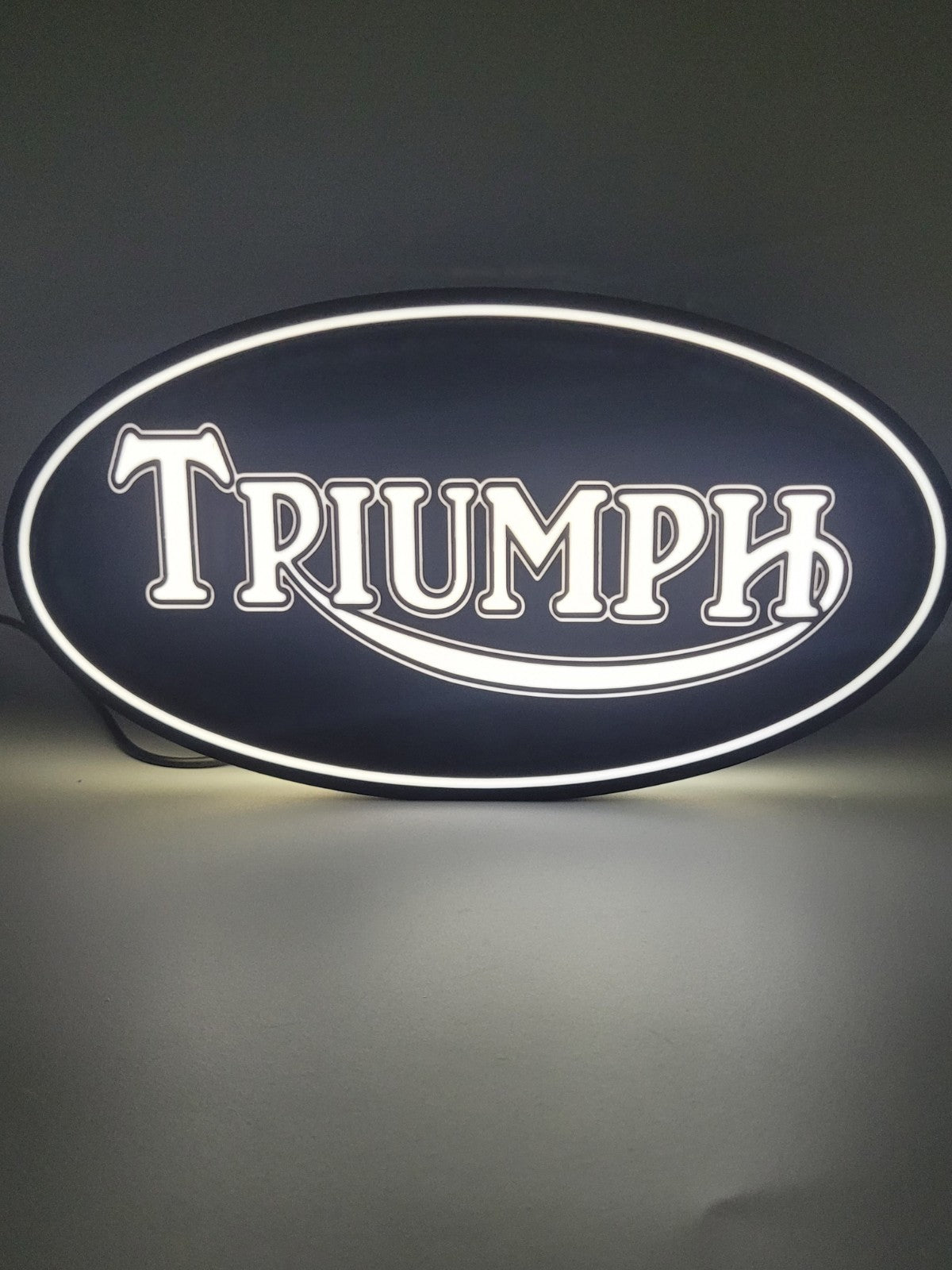 Triumph led light sign with illuminated logo viewed from straight on