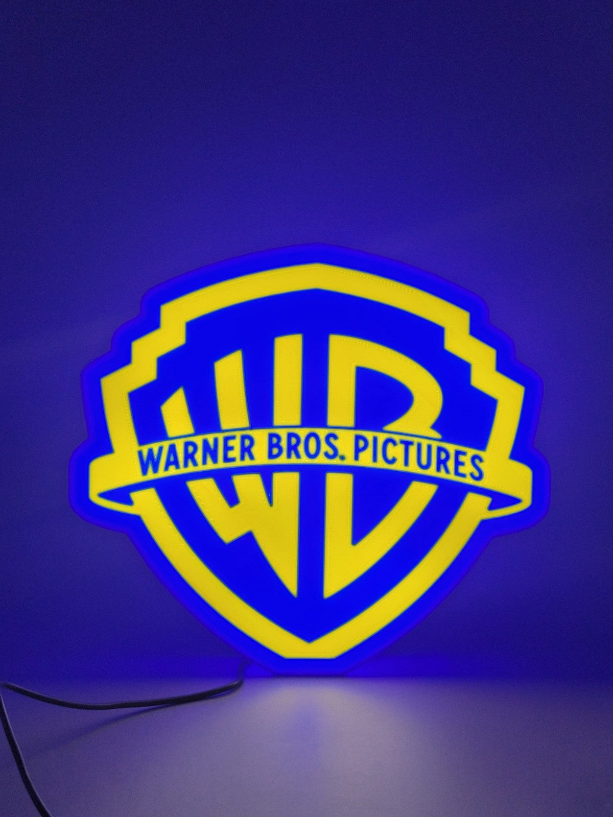 Warner Bros led light sign with illuminated logo viewed from straight on