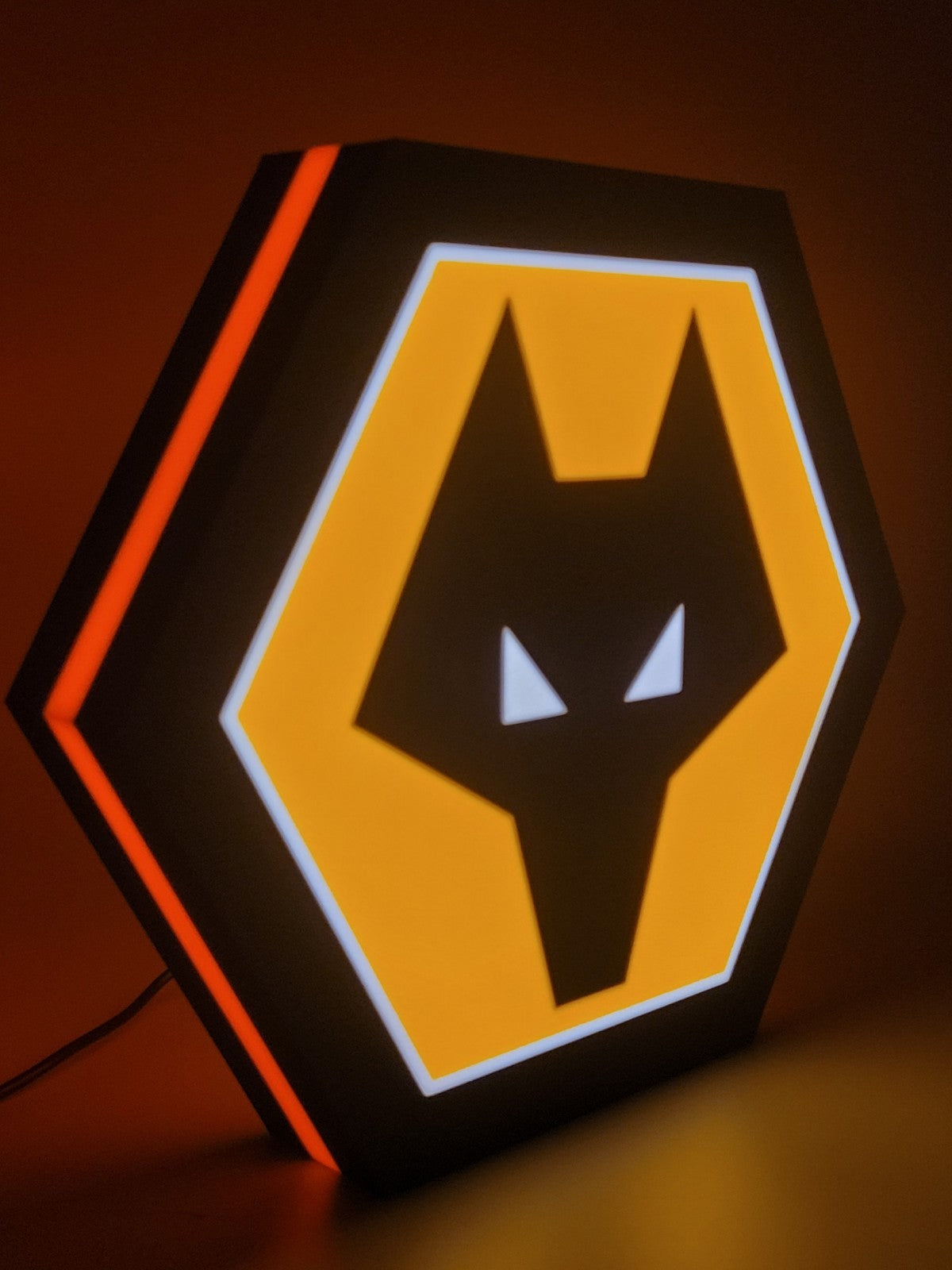 Wolverhampton LED light sign with illuminated logo viewed from side view