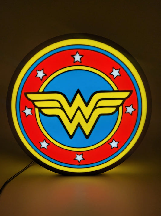 WONDER WOMAN led light sign with illuminated logo viewed from straight on