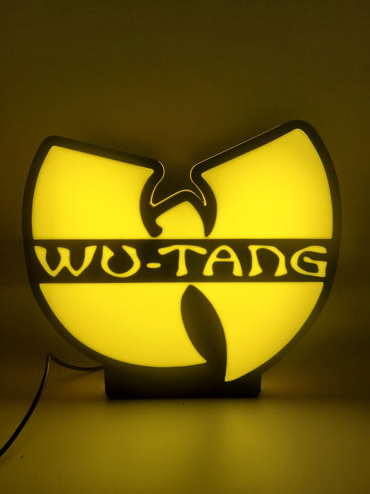 WU-TANG led light sign with illuminated logo viewed from straight on