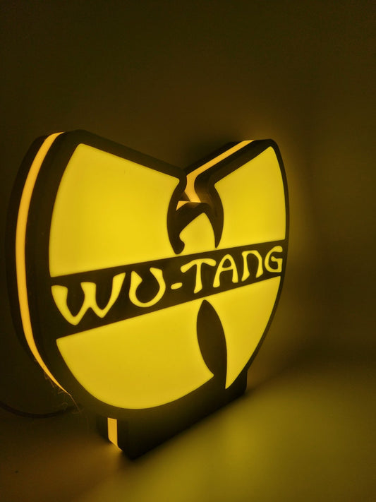 Wu-tang led light sign with illuminated logo viewed from side view