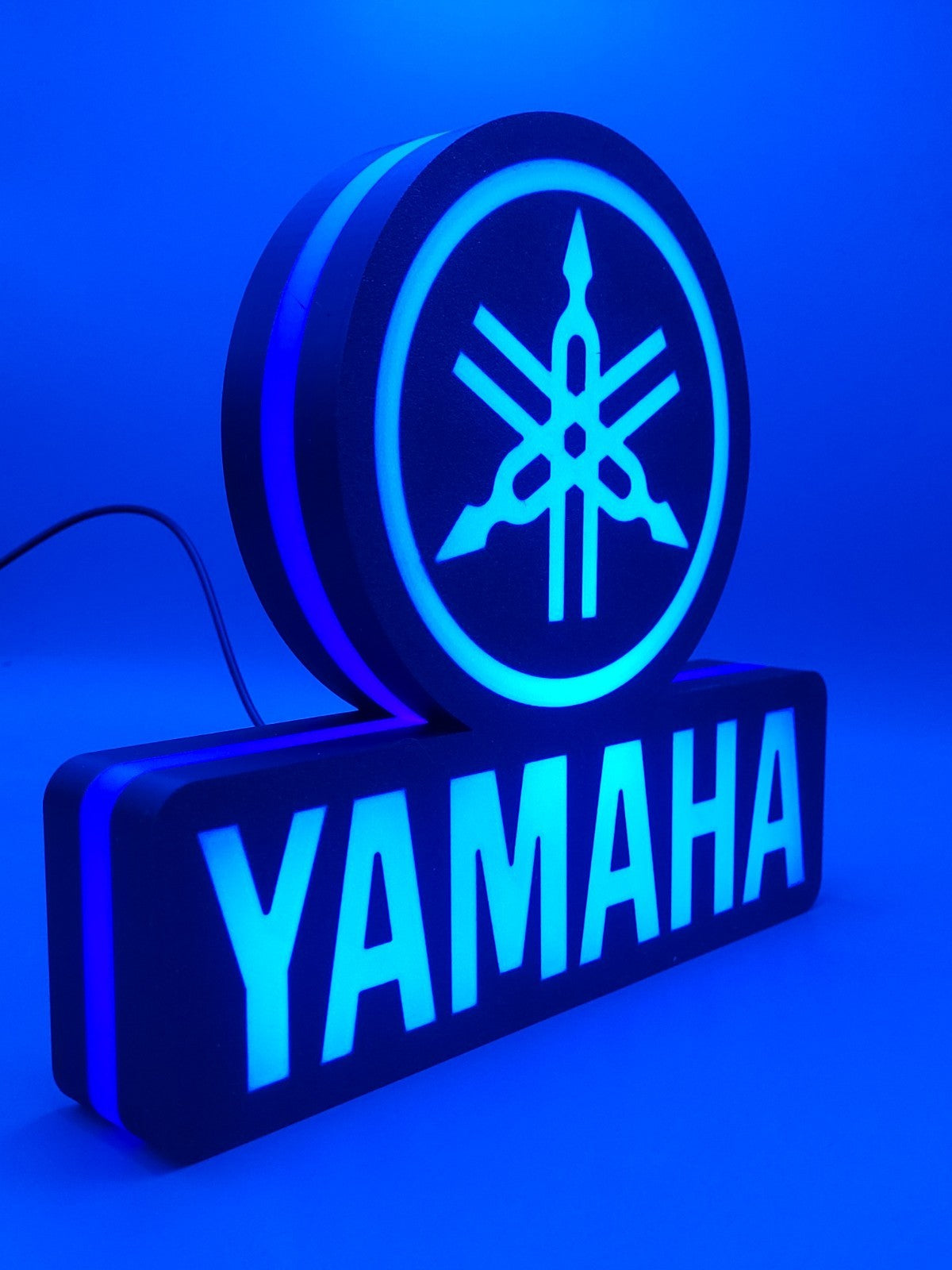 yamaha led light sign with illuminated logo viewed from side view