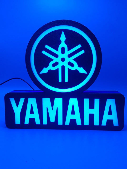 Yamaha led light sign with illuminated logo viewed from straight on