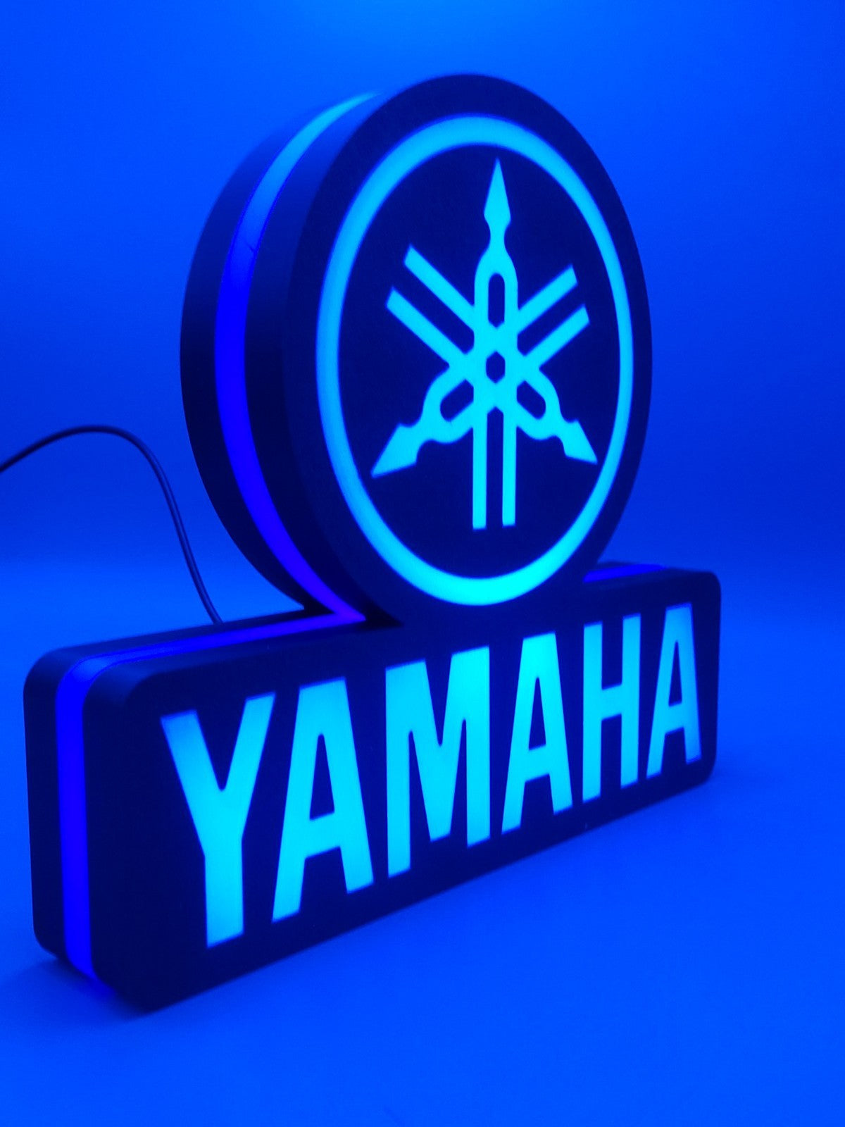 yamaha led light sign with illuminated logo viewed from side view